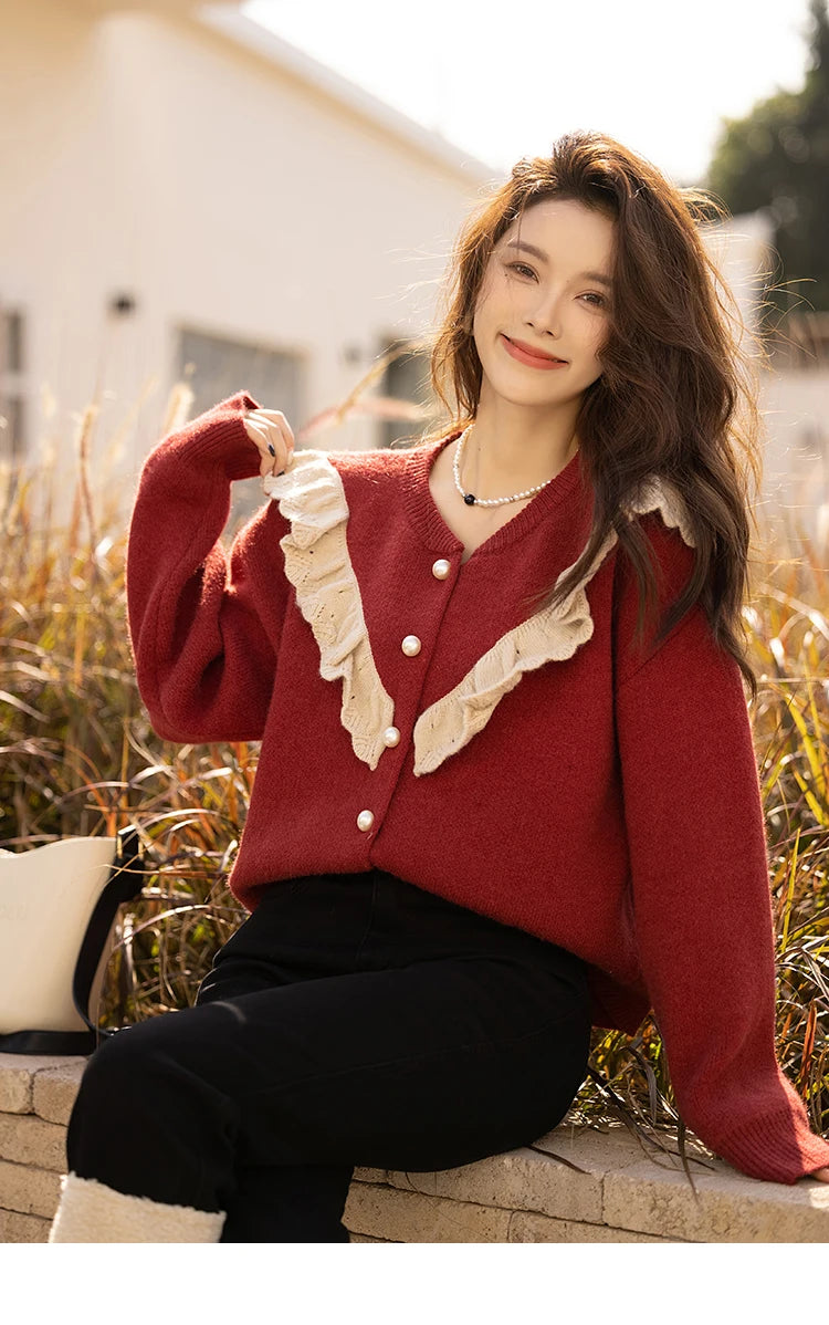 Mishow Korean Ruffle V-Neck Cardigan MXB46Z1111