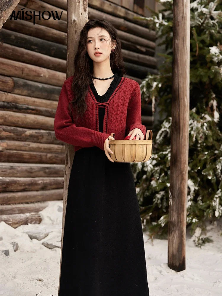 Mishow Red Knitted Cardigan & V-Neck Midi Dress Set MXD58L2085