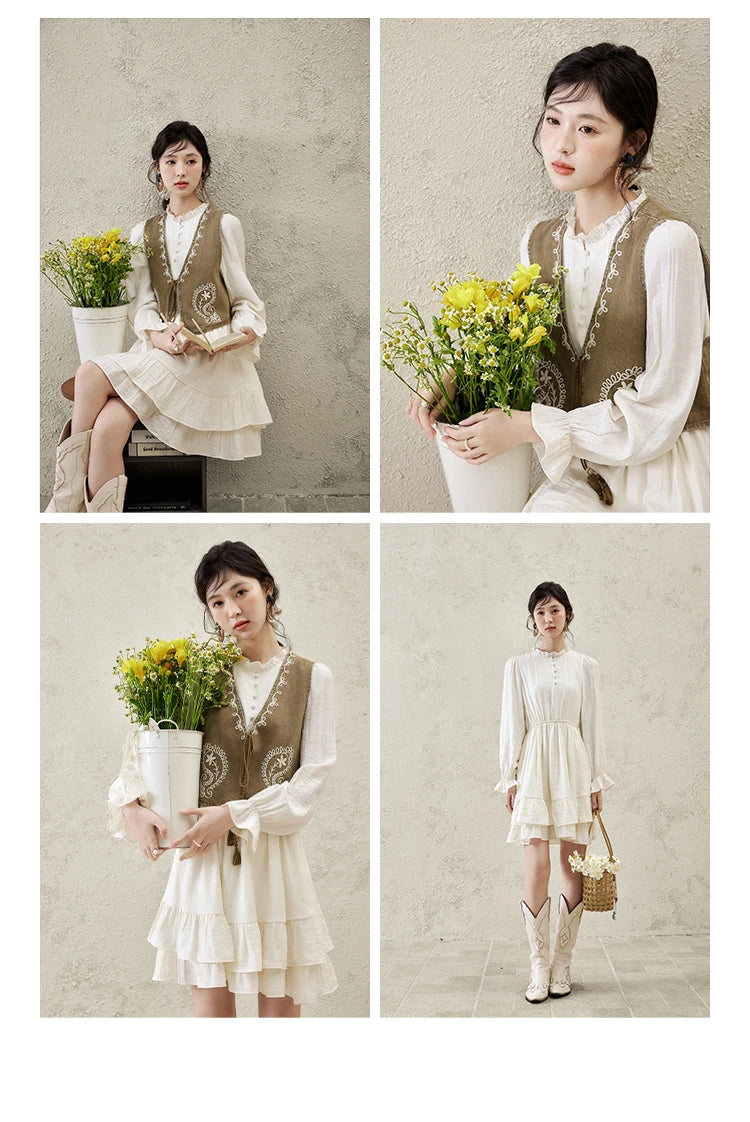 Mishow Solid Long Puff Sleeve Midi Dress & Print Denim Vest Set MXE16L2197