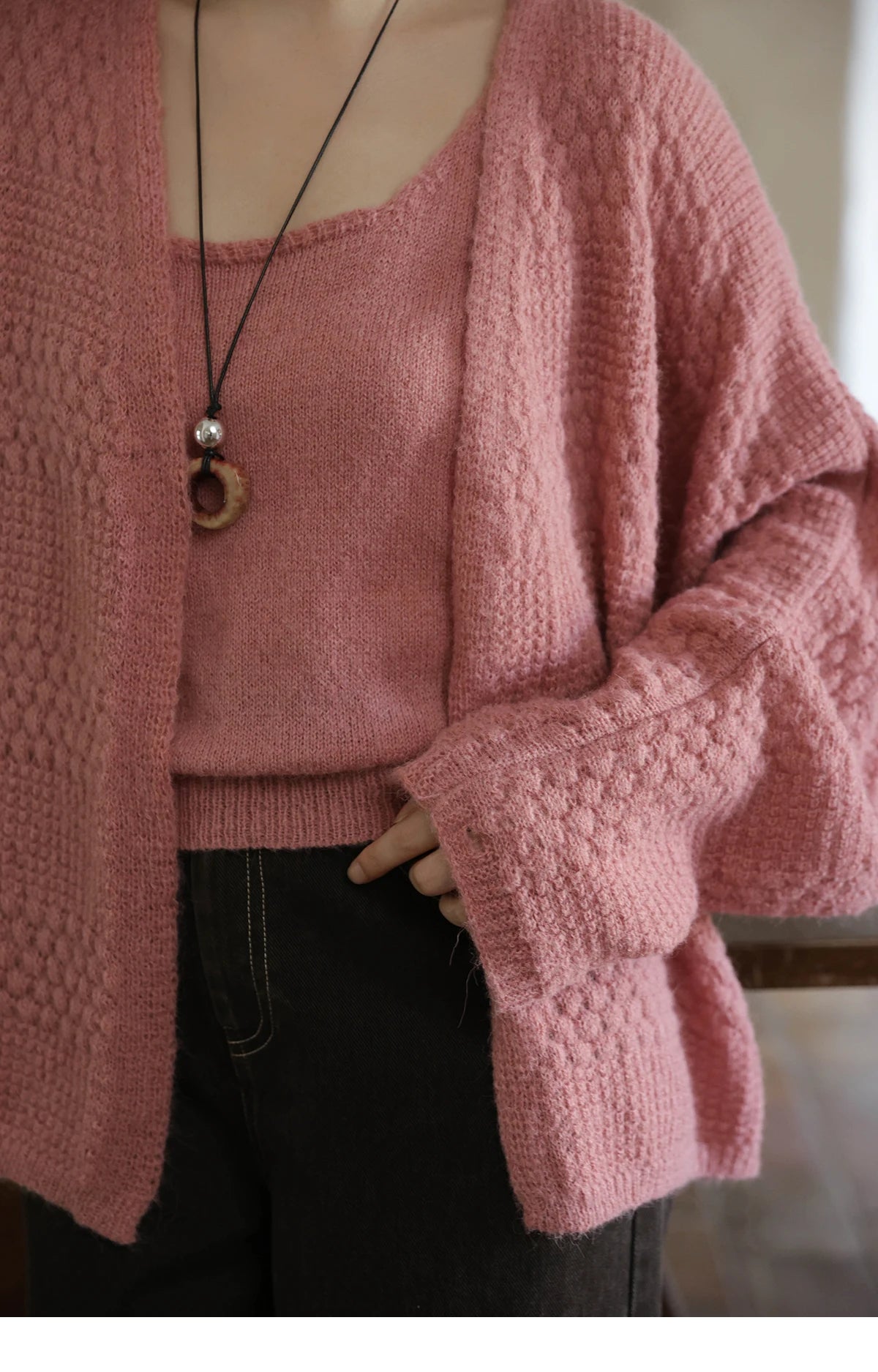 Mishow Pink Long Sleeves Cardigan with Vest Set MXE44T0737