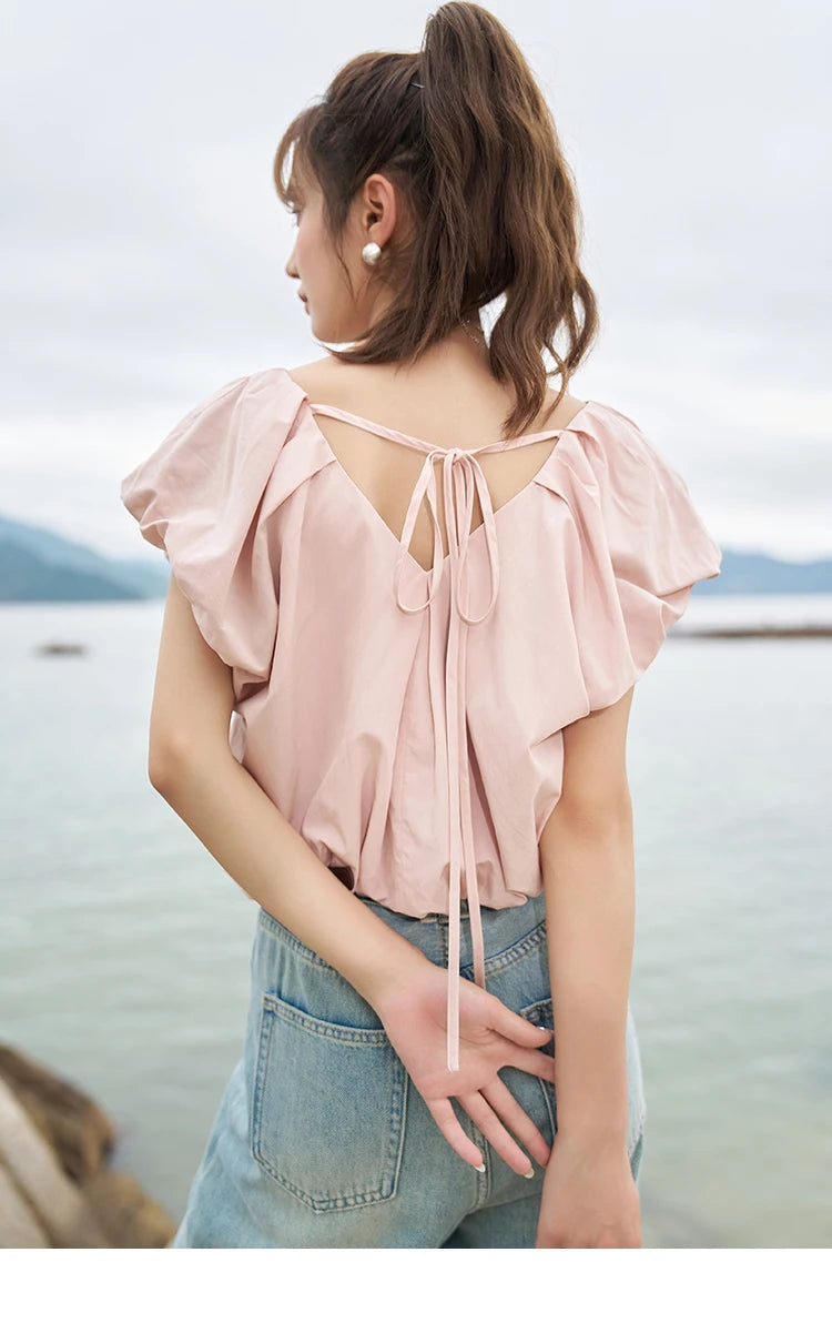 MISHOW French Rear Collar Tie Blouse V-Neck Puff Sleeve MXC38X1275