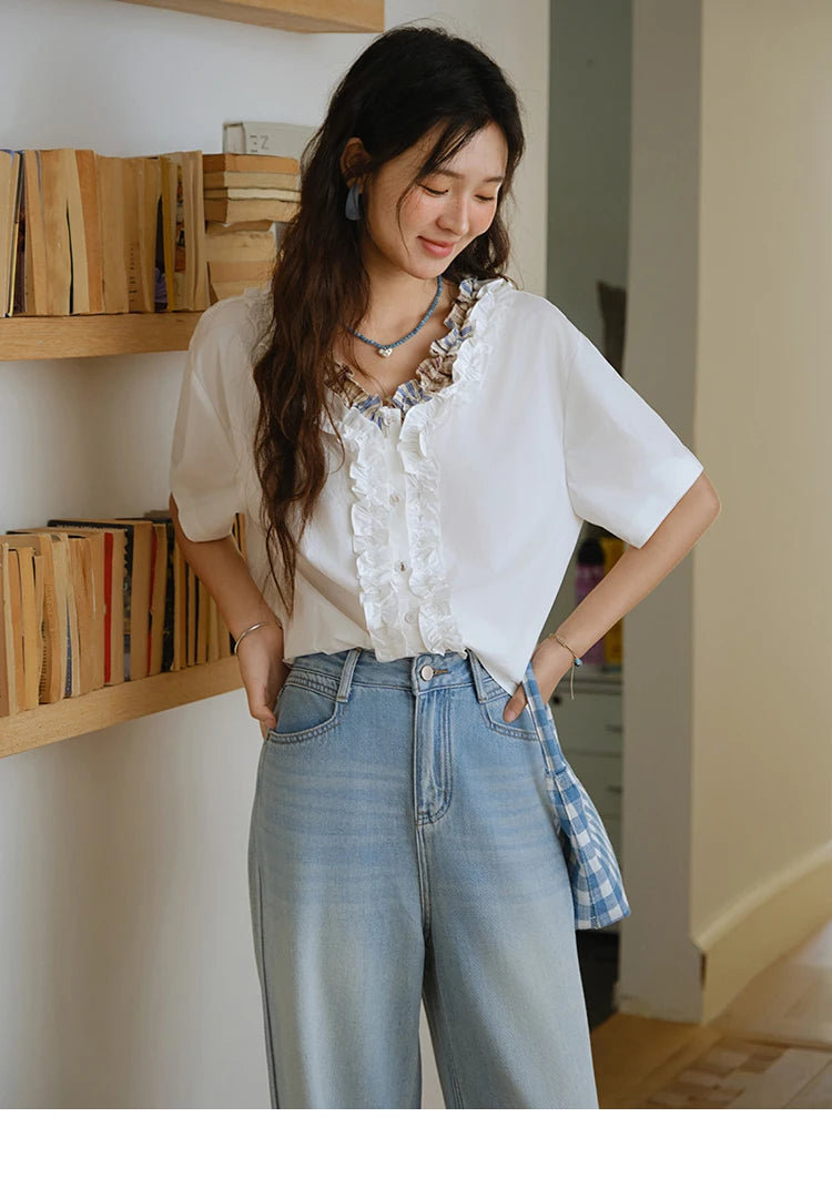 MISHOW V-Neck Shirt Patchwork Double Layer Fungus Edge Button MXE35X1793