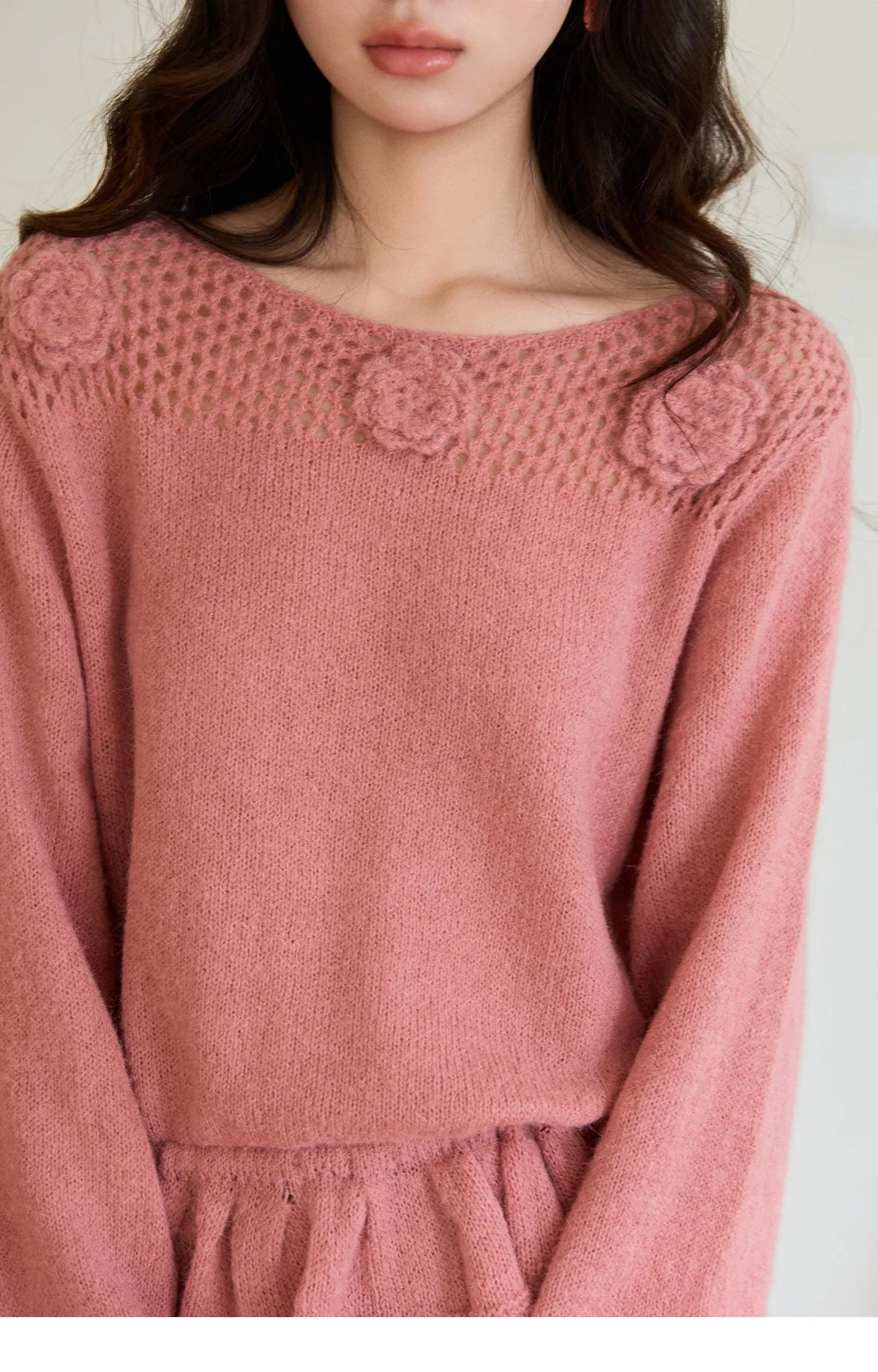 Mishow Pink Hollow Floral Ruffled Hem Sweater MXE94Z2865