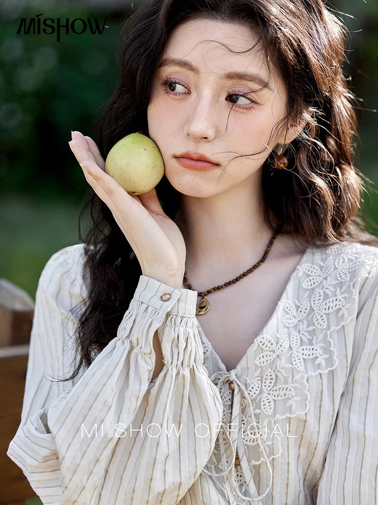 MISHOW French Retro V-Neck Shirt Lace Up Striped Embroidered MXE12X1715