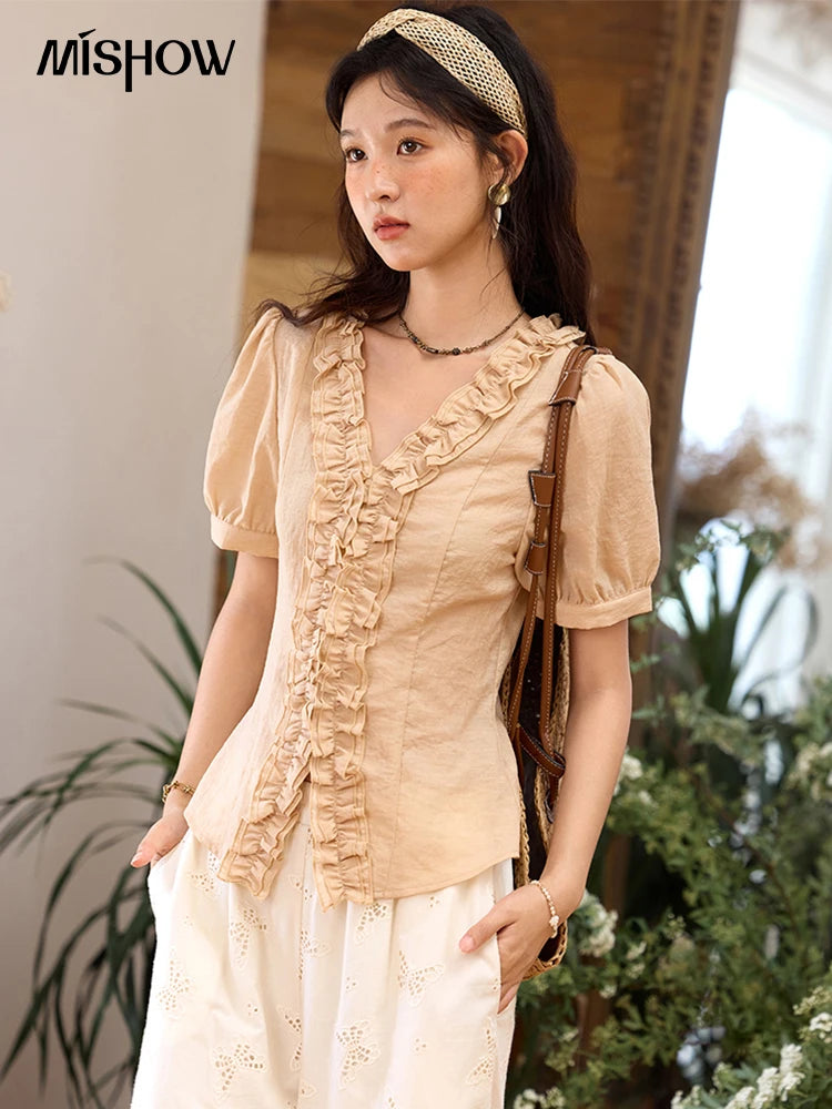 MISHOW V-Neck Blouse Puff Sleeve Fungus Edge Slim MXE35X1841