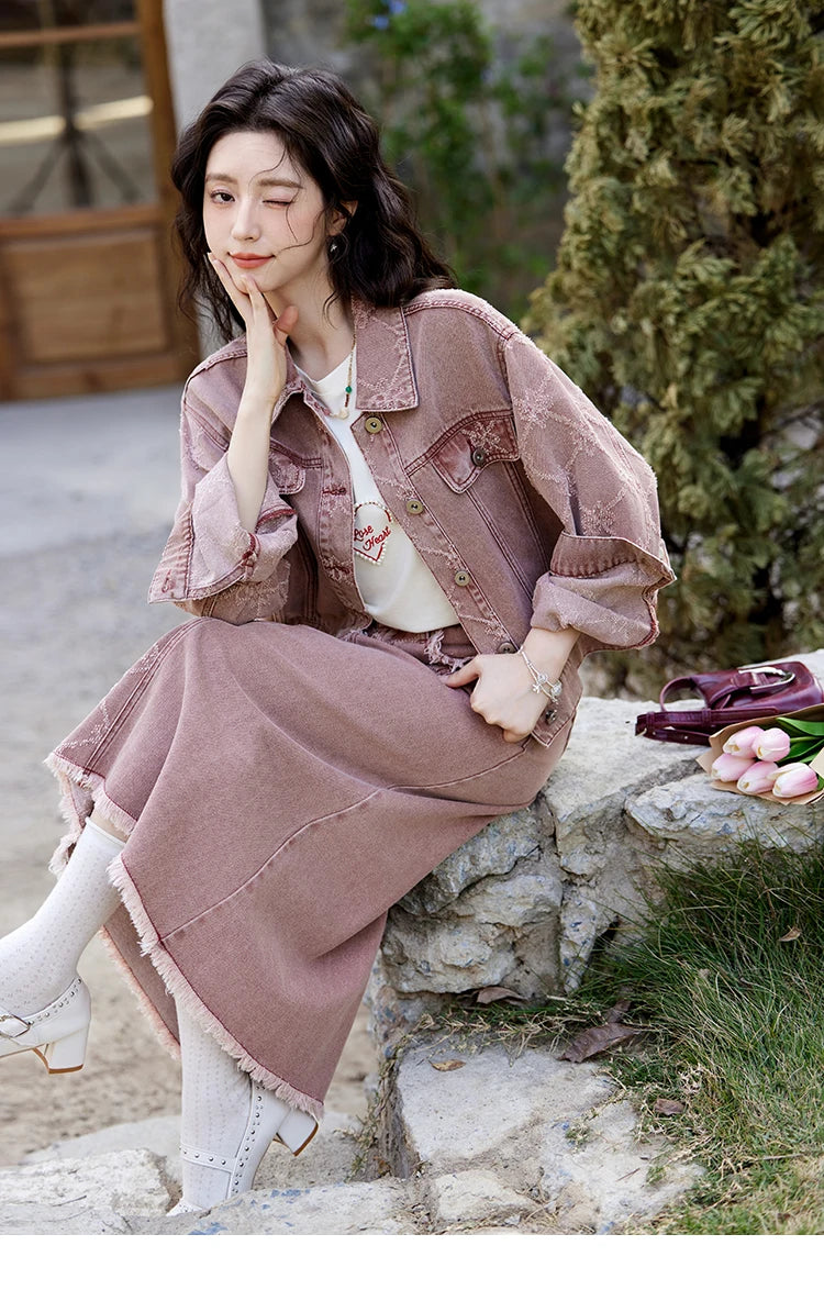 Mishow Cowboy Thick Jacquard Jacket & Mid Long Skirt Set MXE14W0754