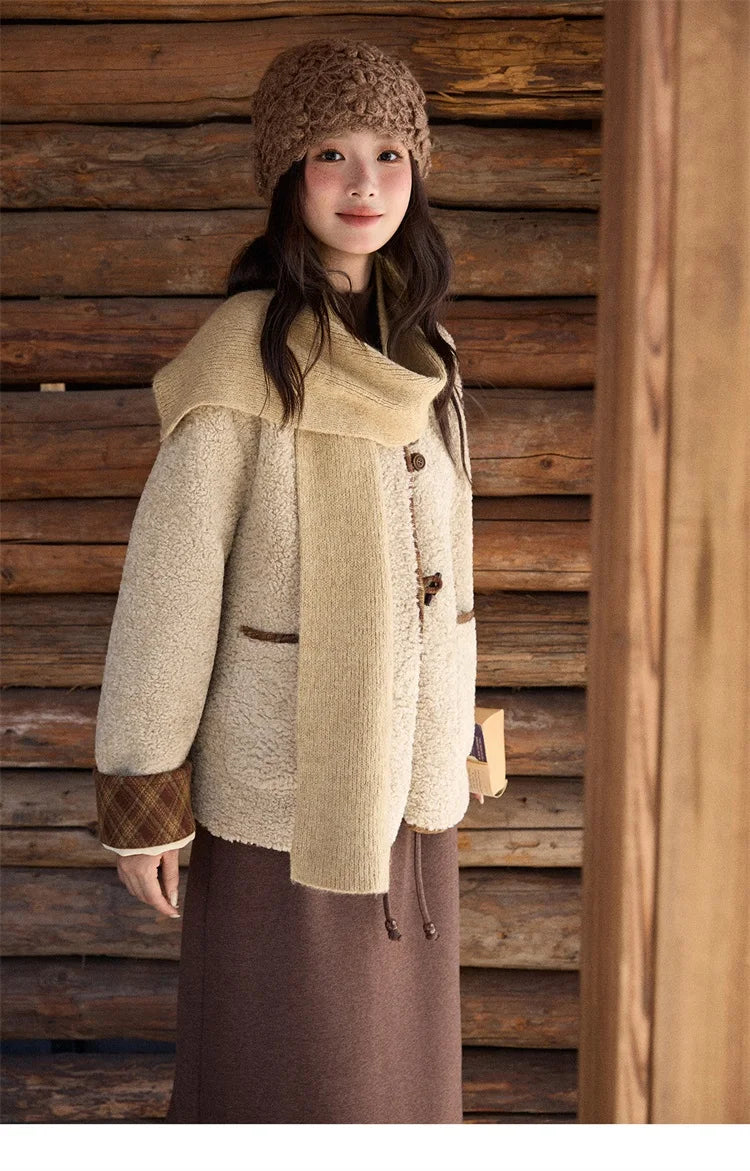 Mishow Plaid Patchwork Lamb Wool Round Neck Coat MXE90W0923