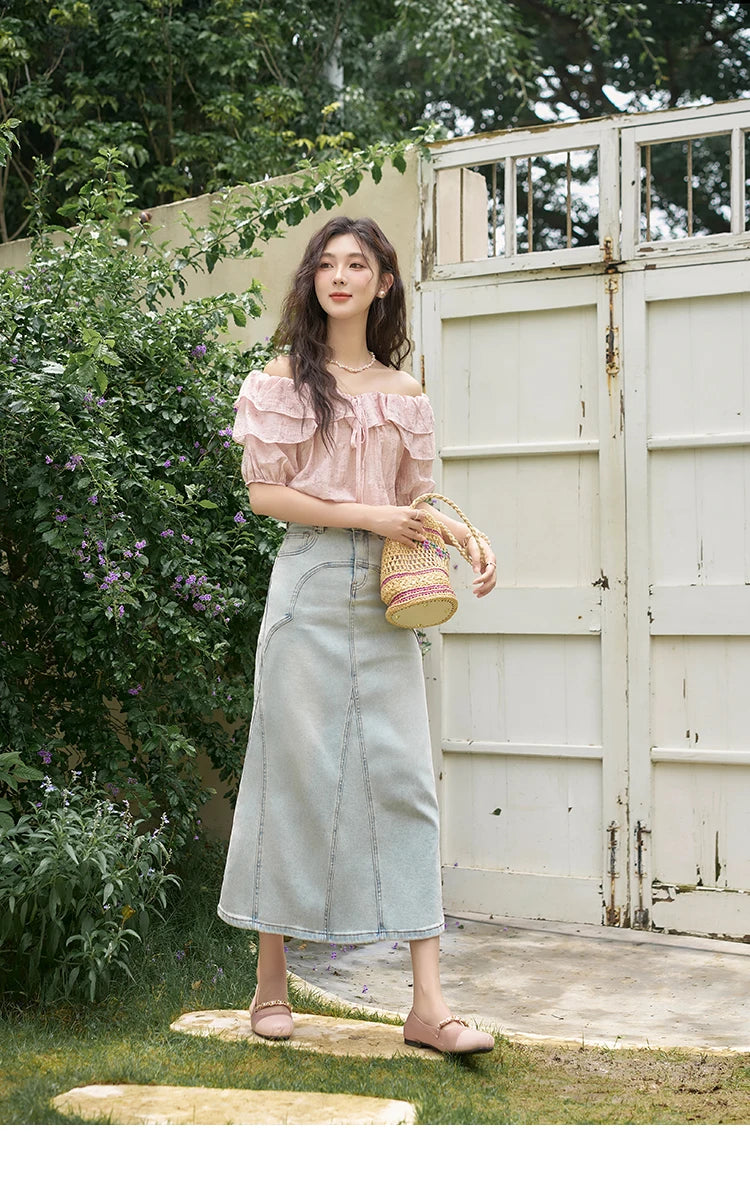 MISHOW French Retro Floral Blouse One Shoulder Ruffled Edge Lace Up MXD25X1520