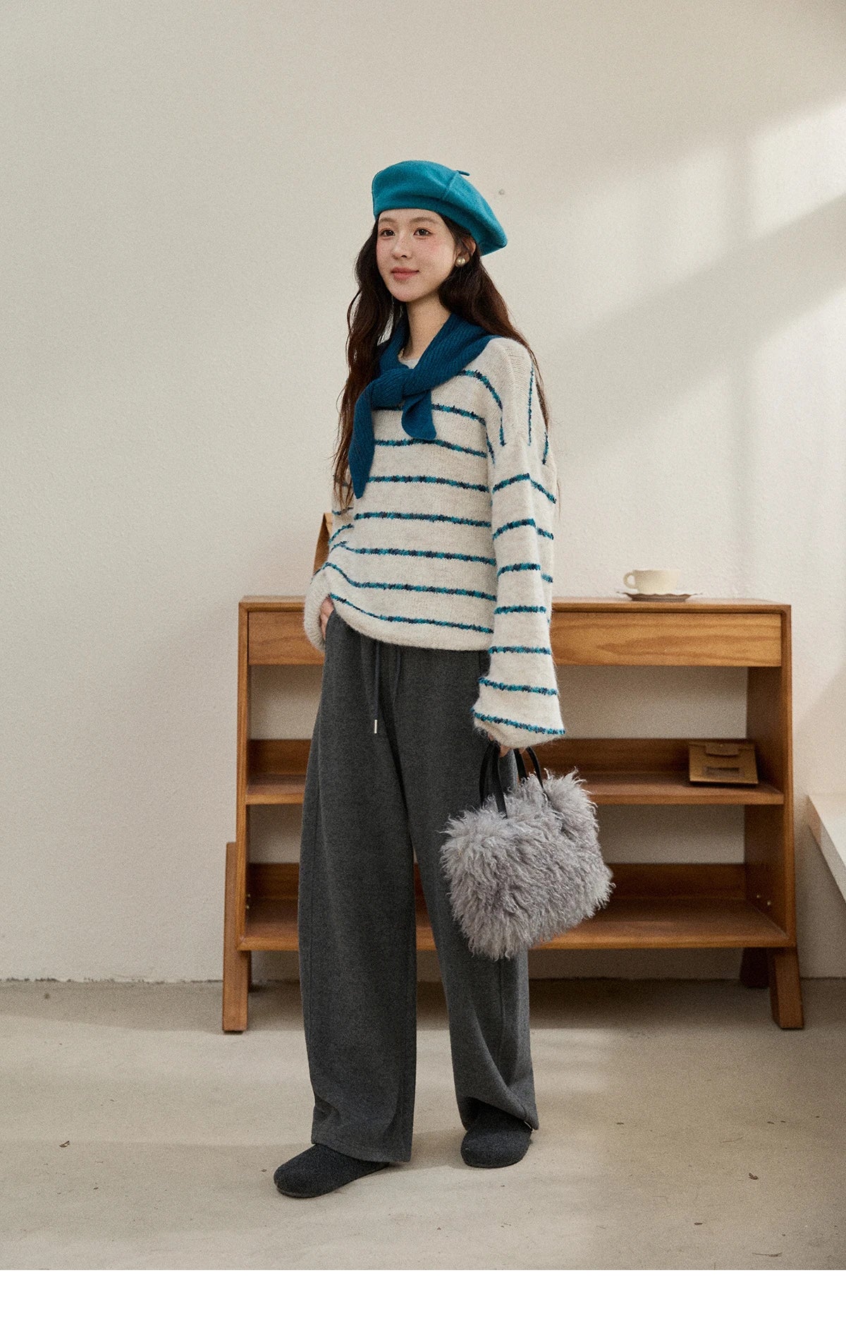 Mishow Blue Striped Alpaca Wool Sweater with Scarf Set MXE90Z2821