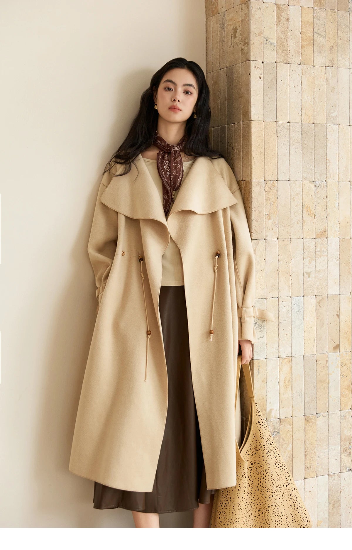 Mishow Drawstring Waist Large Lapel Mid-Length Woolen Coat MXE45W0841
