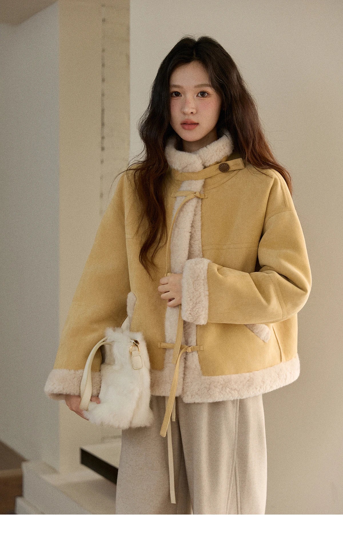 MISHOW Yellow Suede Fur Collar Short Coat Single-Breasted MXE89W0897