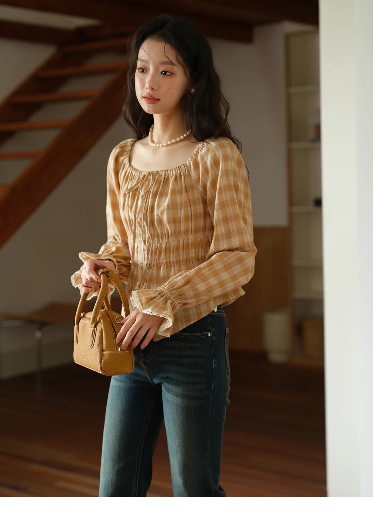MISHOW Yellow Plaid Blouse Square Neck Puff Sleeve MXE43X1986