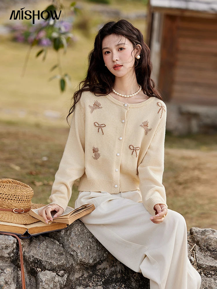 Mishow Yellow Dog Bow Jacquard Pearl Button Sweater MXE13Z1197