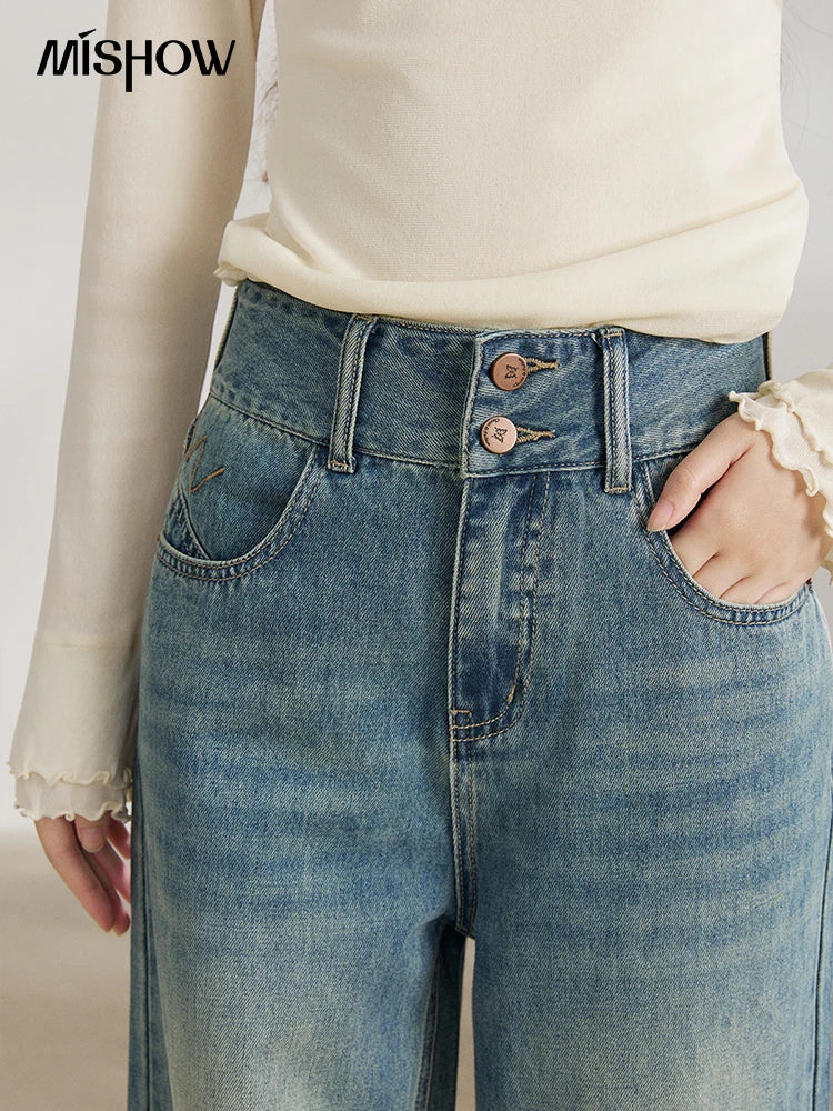 Mishow Vintage Blue Two-Button Wide Leg Jeans MXF108K1005
