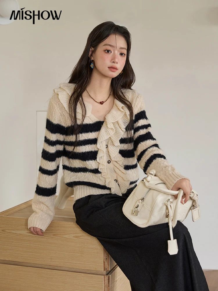 Mishow Striped Asymmetrical Ruffled Cardigan MXE51Z2633