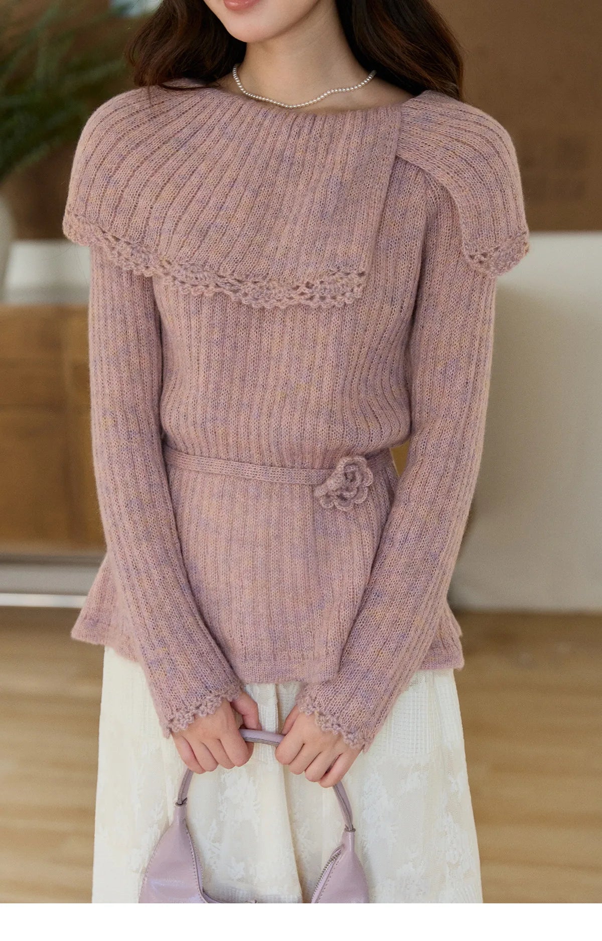 Mishow Pink Large Collar Lace Belted Pullover MXF11Z2901