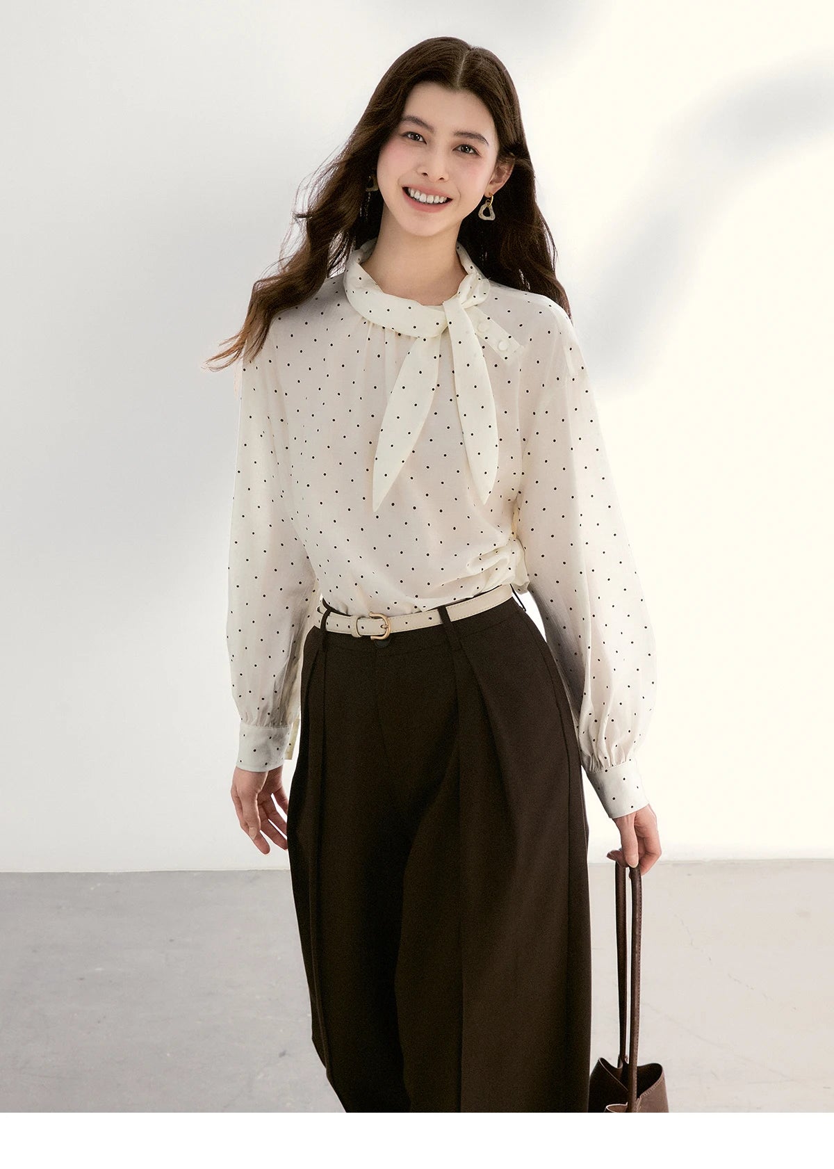 MISHOW White Polka Dot Blouse Bow Tie Neck Sheer MXF13X2531