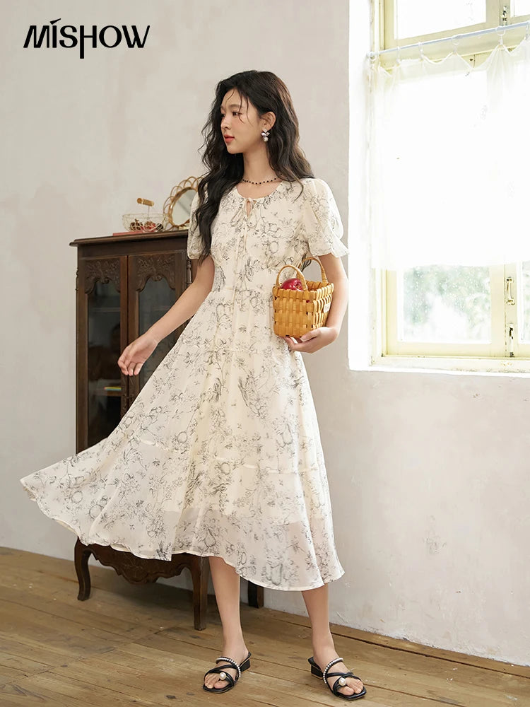 MISHOW Floral Print Lace-Up Chiffon Dress MXD27L1841