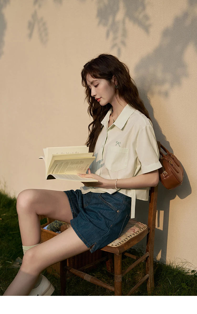 MISHOW Same Color Bow Embroidered Shirt Asymmetric Hem MXD23C0257