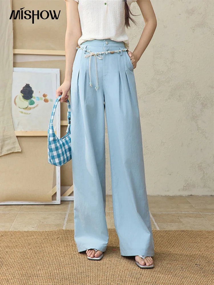 MISHOW Sea Salt Blue Wide Leg Pants Contrasting Bead Belt MXE35K0931