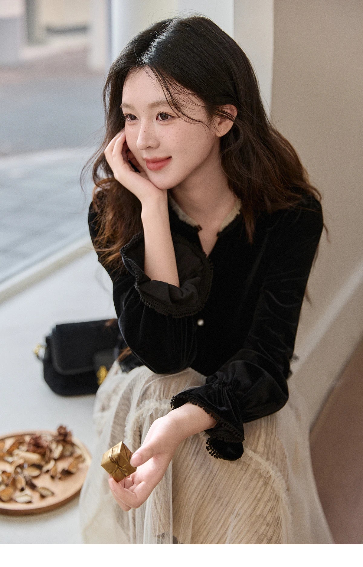 Mishow Black Velvet Lace Pearl Button Puff Sleeve Shirt MXE94X2516