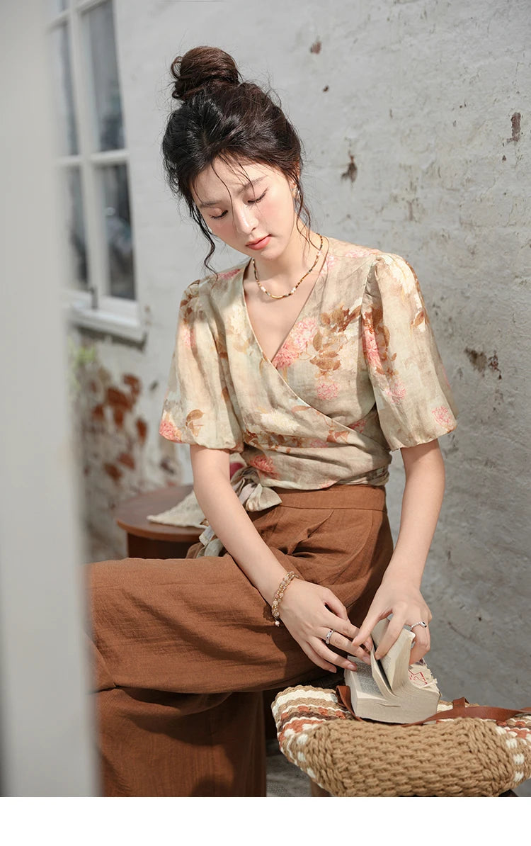 MISHOW French V-Neck Floral Puff Sleeve Blouse MXD28X1619