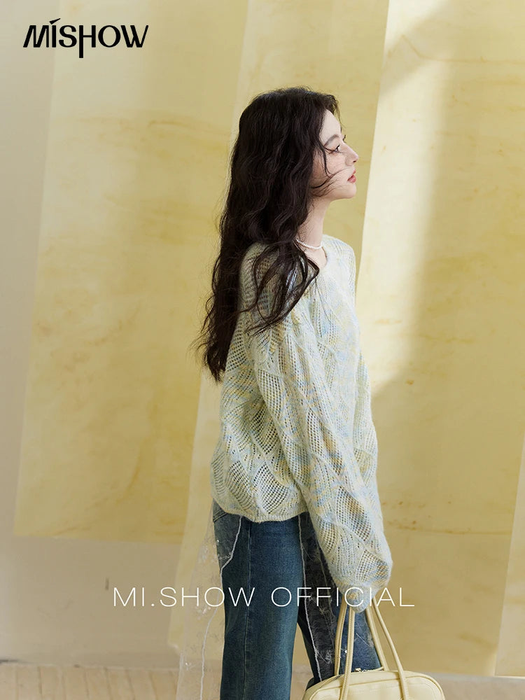Mishow Hollow Dropped Shoulder Hem Wavy Edge Sweater MXE14Z1208