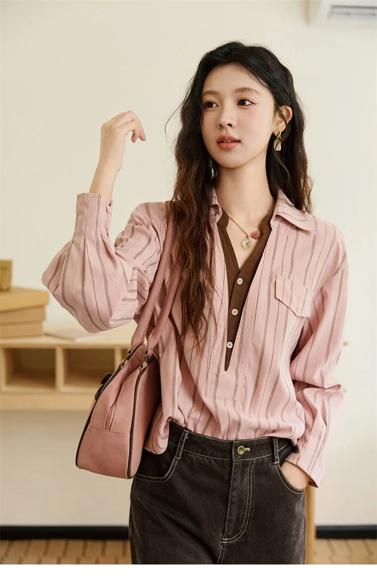 MISHOW Peach Skin Velvet Stripe Shirt Double Layered Collar MXE47C2408