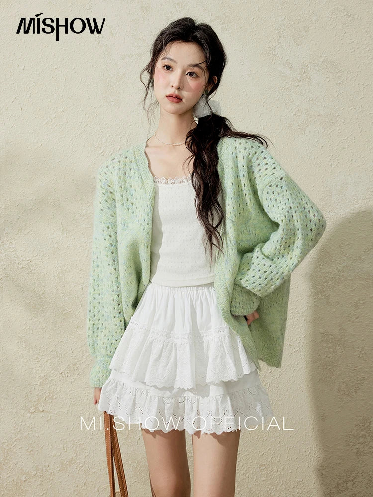 Mishow Green Hollow Out Wave Neck Cardigan MXE12Z1212
