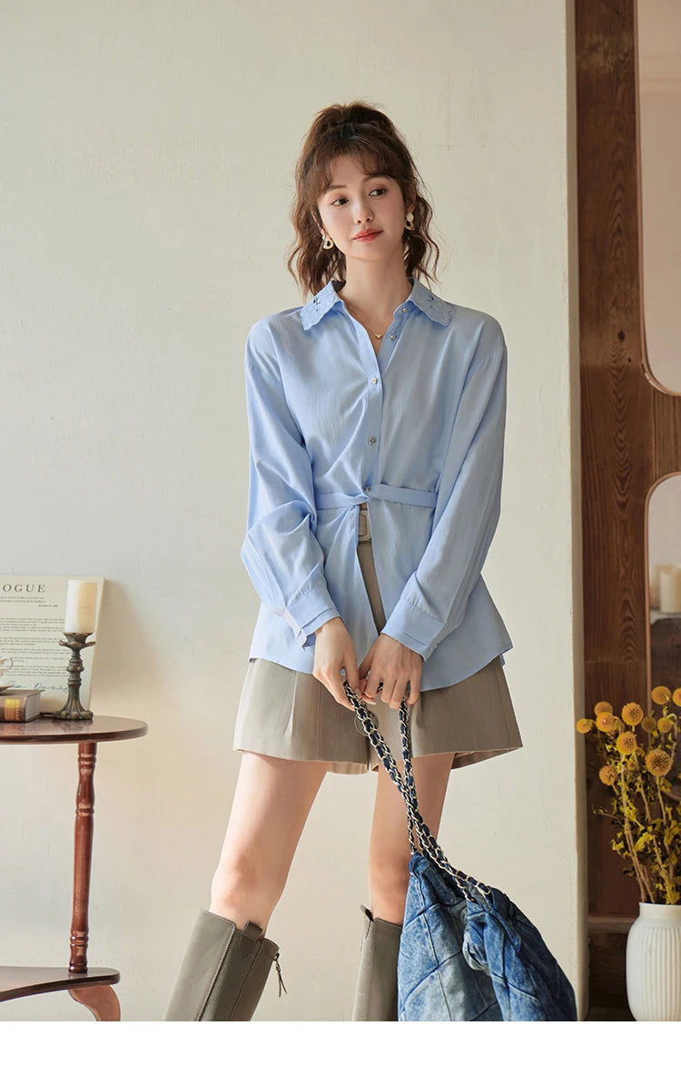 MISHOW Casual Loose Shirt Embroidery Hollowed Out Turn-Down Collar MXC41C0077