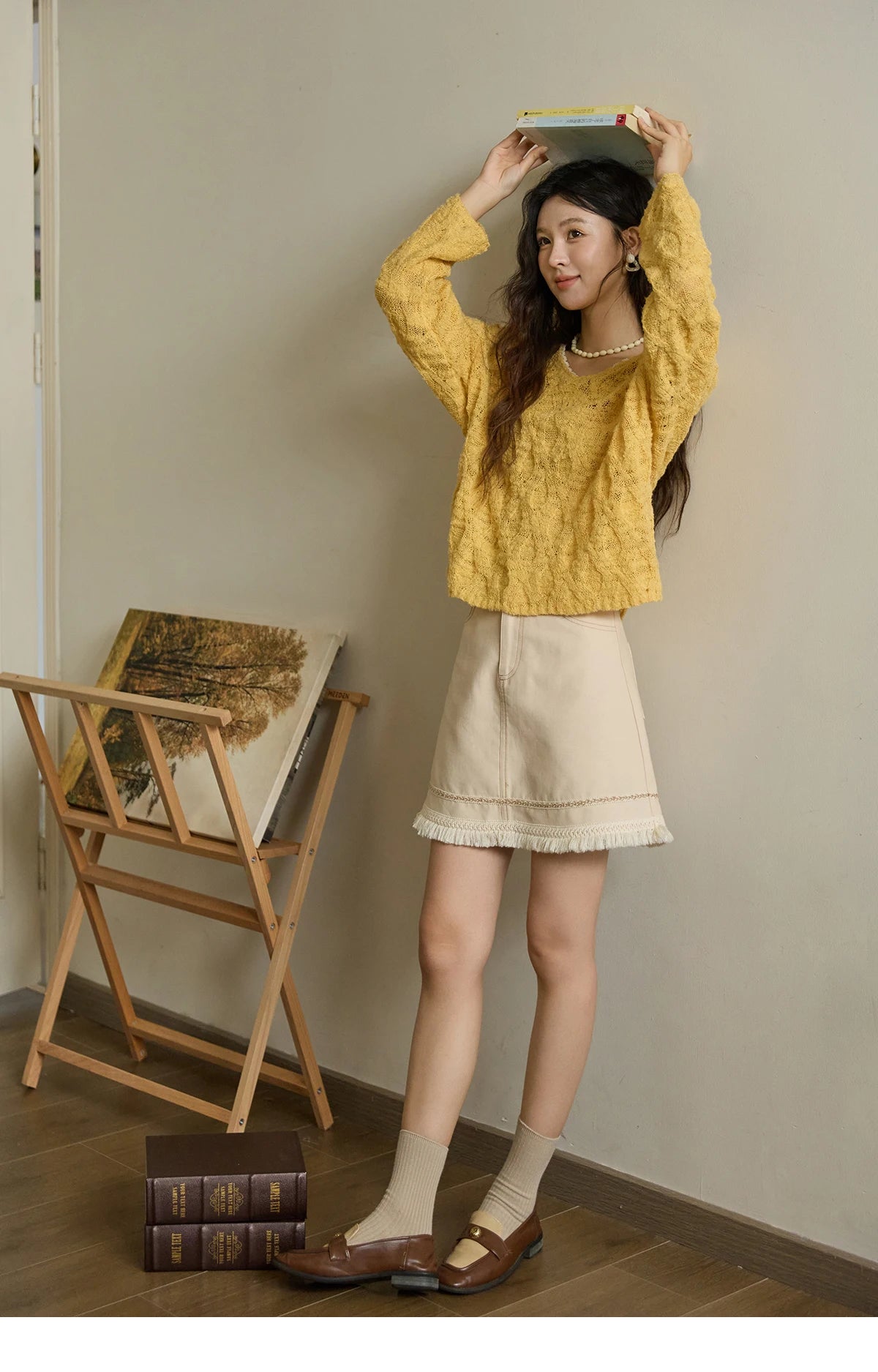 Mishow Bamboo Loop Yarn Hollow V-Neck Lace Sweater MXE43Z1349