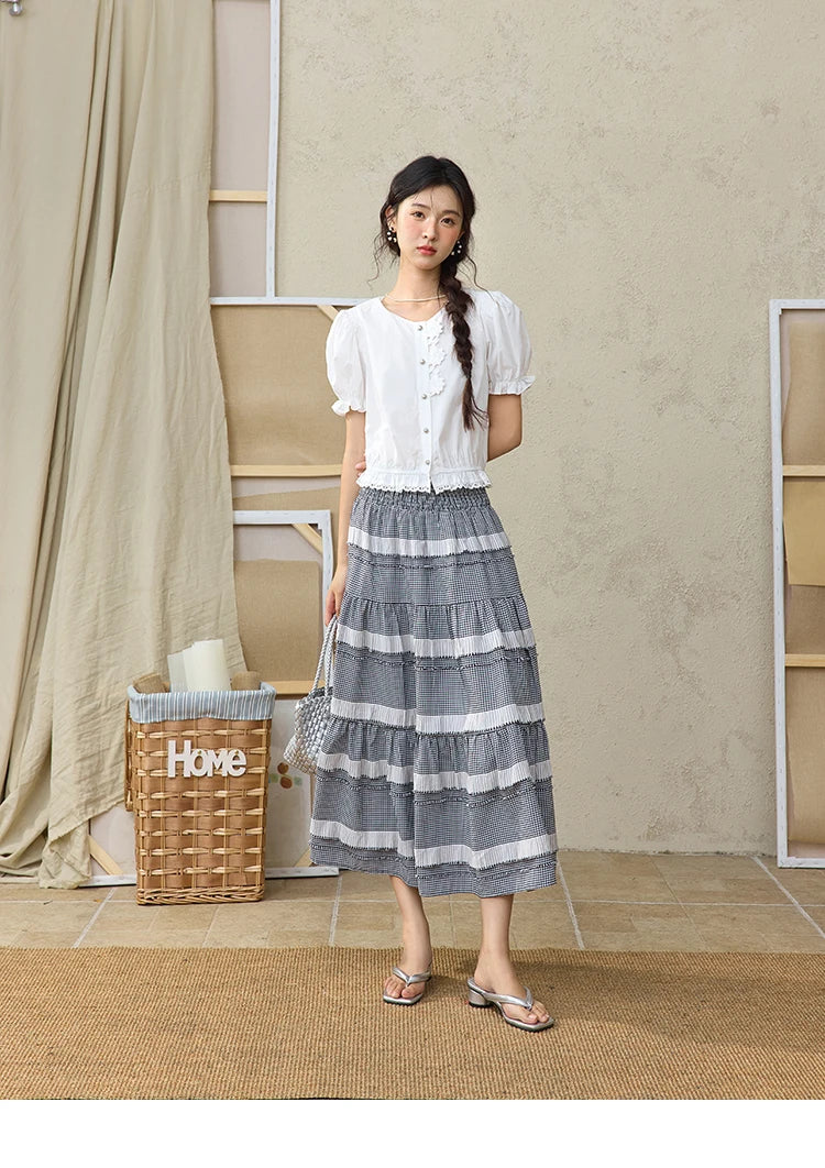 MISHOW Lace Puff Sleeve Shirt Flower Buttons Hem Elastic MXE34X1820