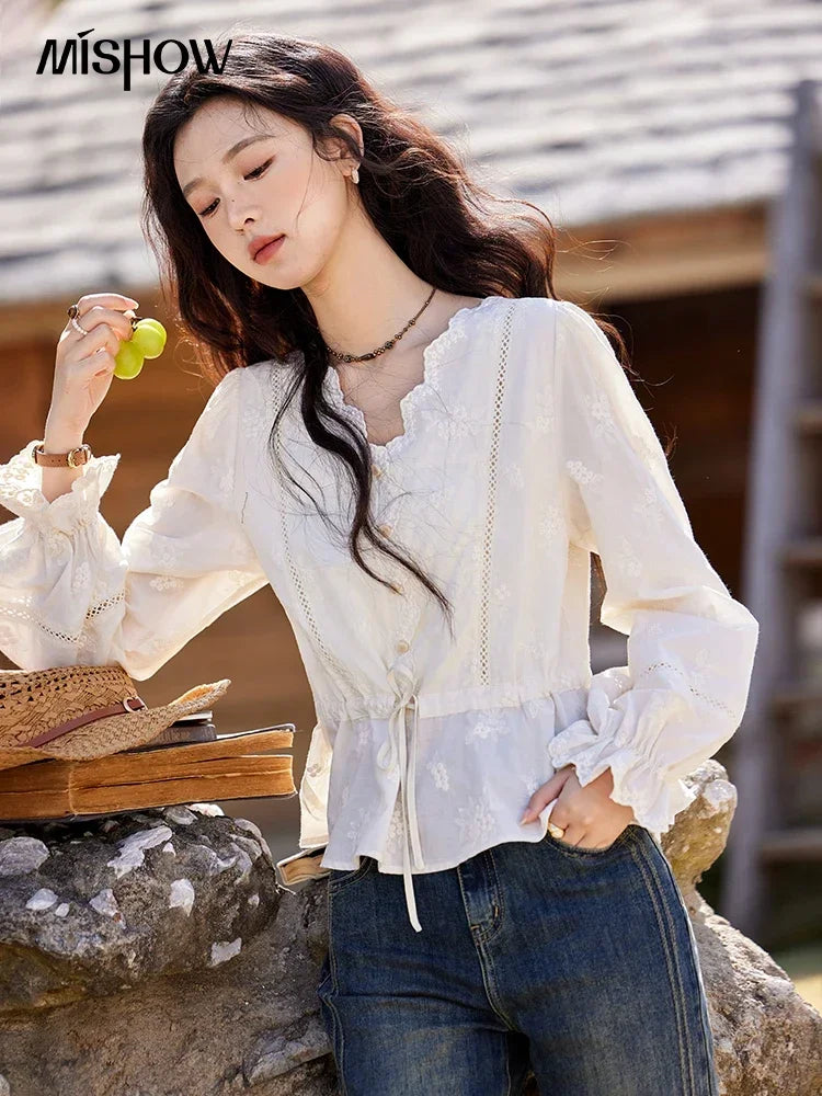 MISHOW Embroidered Lace Blouse V-Neck Drawstring MXE11X1708