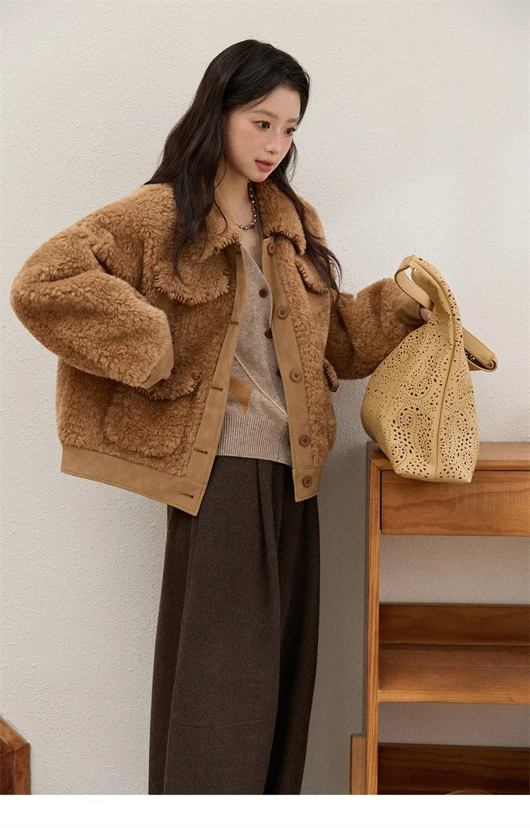 MISHOW Faux Lambskin Coat Turn-Down Collar Brown Loose MXE89W0896