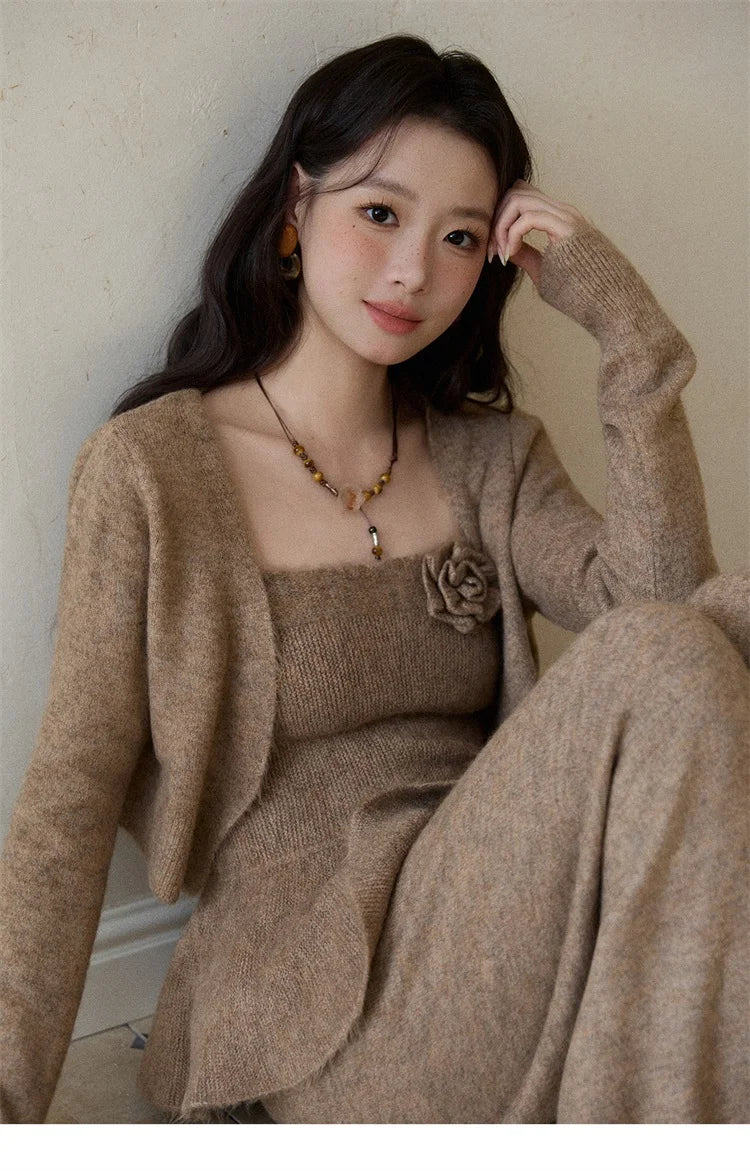Mishow Khaki Knitted Three-Dimensional Floral Camisole Cardigan & Wide Leg Pants Three-Piece Set MXE87T1449