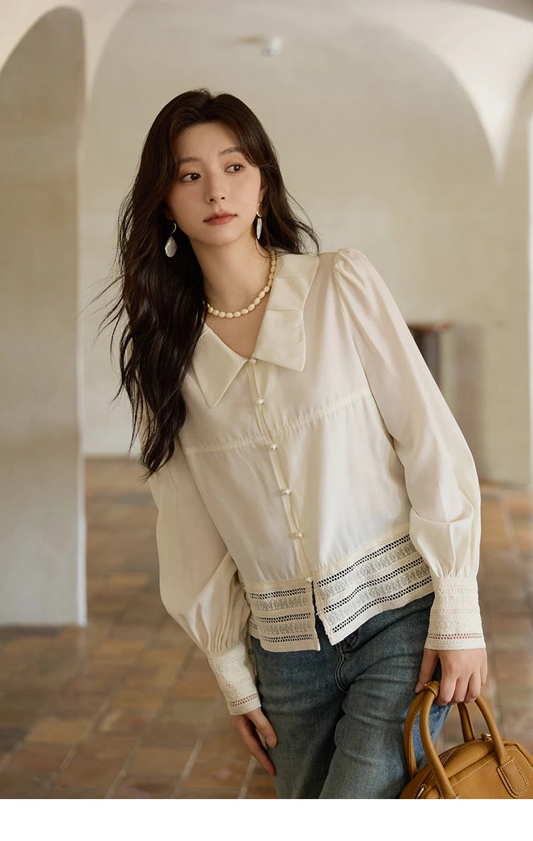 MISHOW French Lace Patchwork Shirt Butterfly Collar Lantern Sleeves MXE41C2357