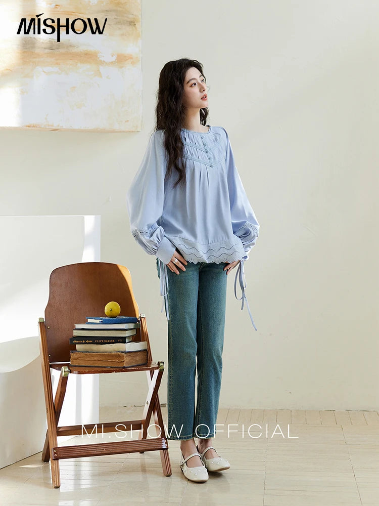 MISHOW Blue Lace Patchwork Shirt Wave Edge Lantern Sleeve MXE14X1716