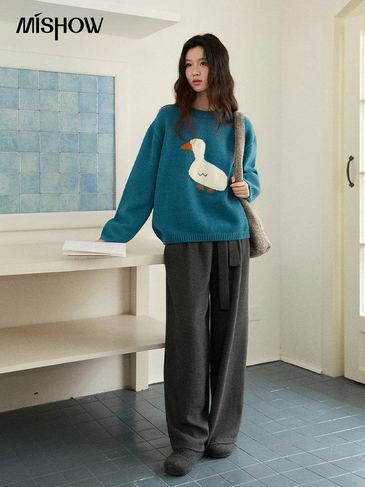 Mishow Peacock Blue Jacquard Loose Sweater MXE86Z2751
