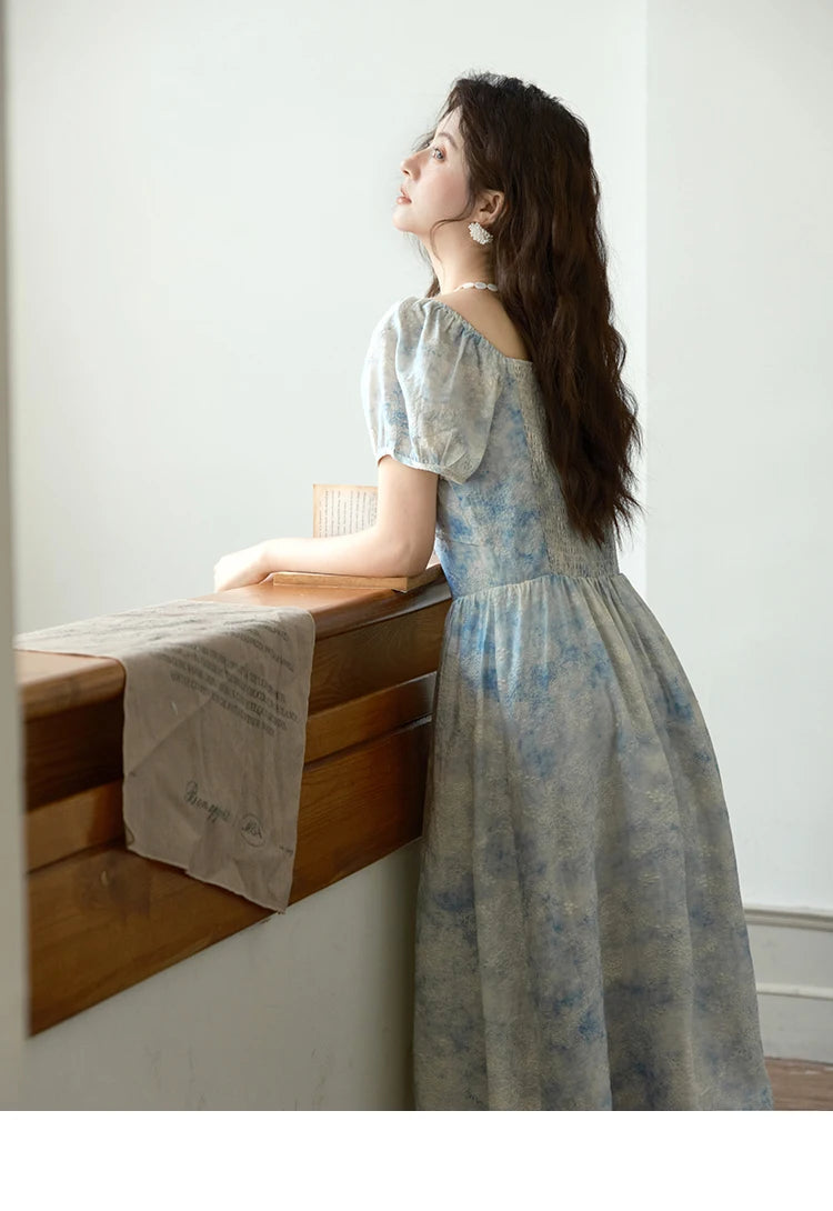 Mishow V-Neck Lace-Up Puff Sleeve Flower Dress MXE38L2379
