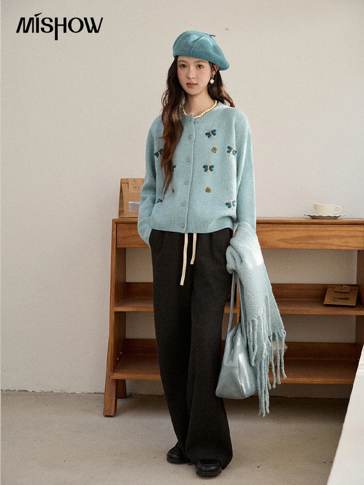 Mishow Blue Butterfly Embroidered O-Neck Cardigan MXE90Z2818