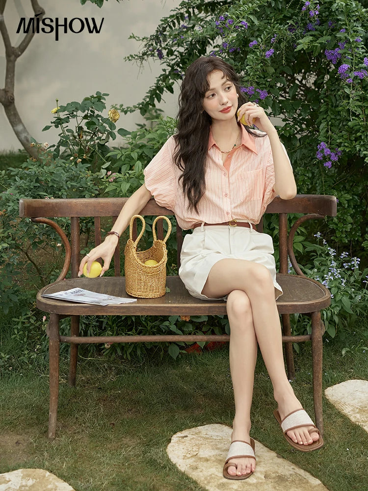 MISHOW Hong Kong Retro Pink Striped Shirt Bubble Sleeve Lapel MXD28C0250