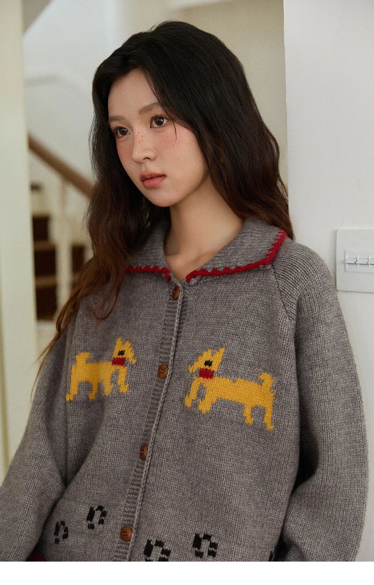 Mishow Dog Cartoon Jacquard Turn-Down Cardigan MXE86Z2727