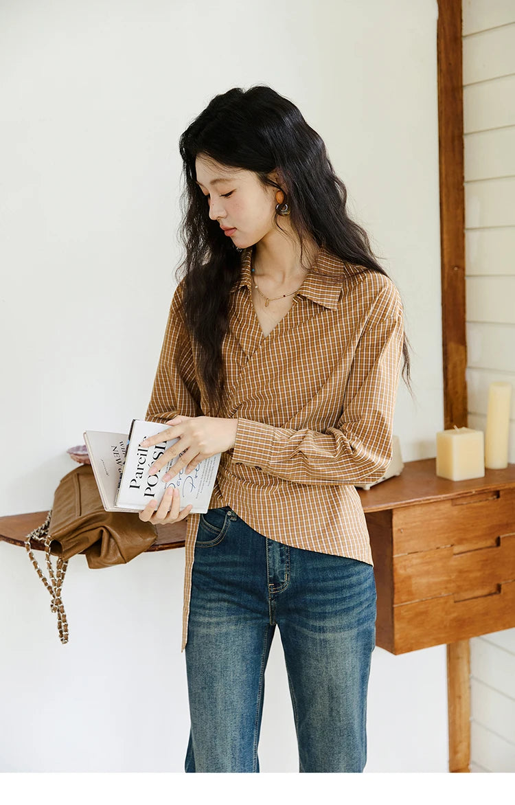 MISHOW Dark Orange Plaid Shirt Side Waist Lace-Up MXE46X2494
