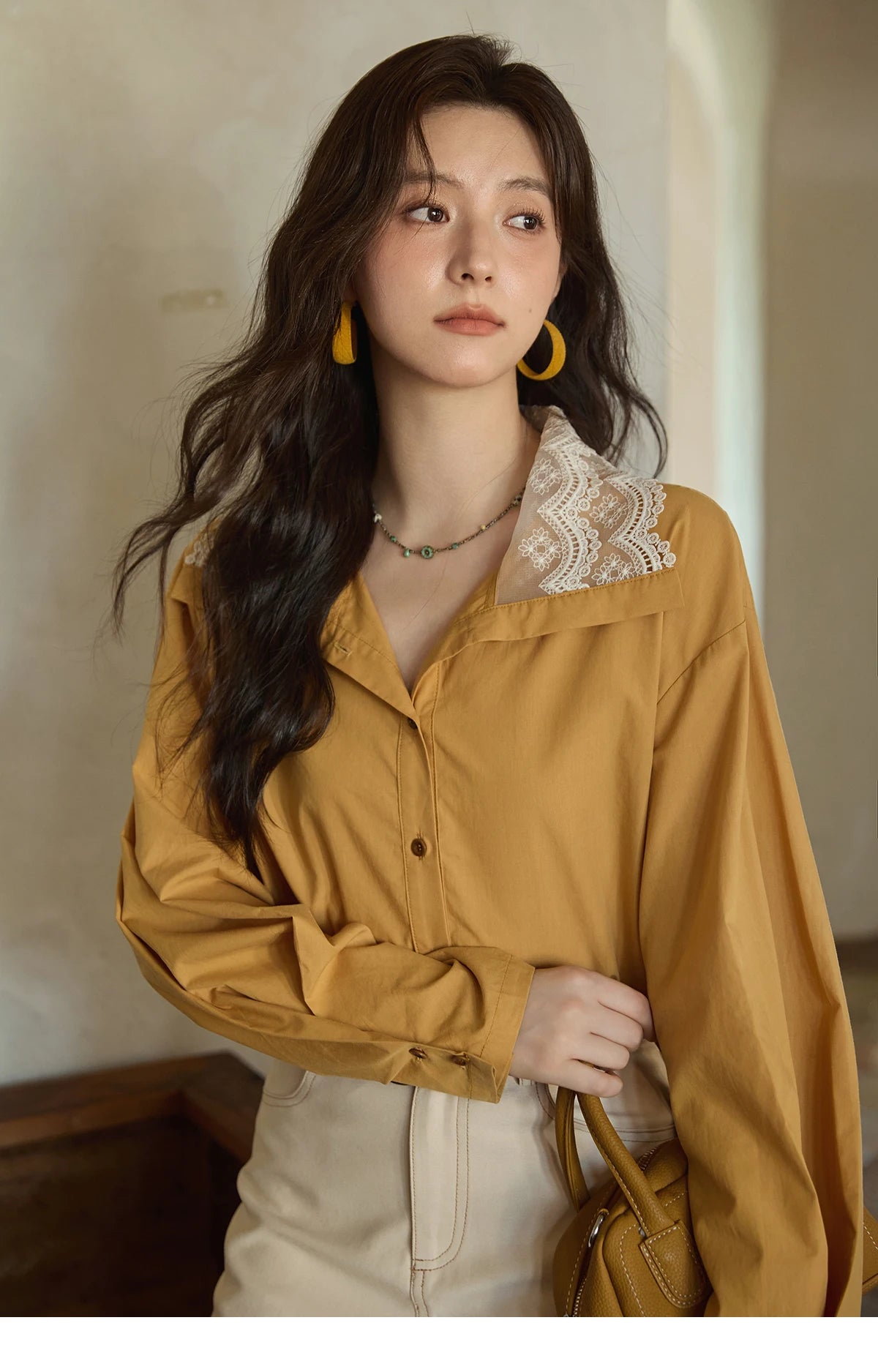 MISHOW Solid Cotton Shirt V-Neck Double Layer Lace MXE41C2366