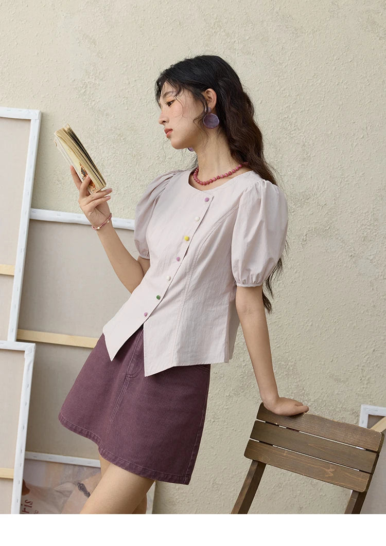 MISHOW Bubble Sleeve Blouse Irregular Placket Rainbow Buttons MXE34X1782