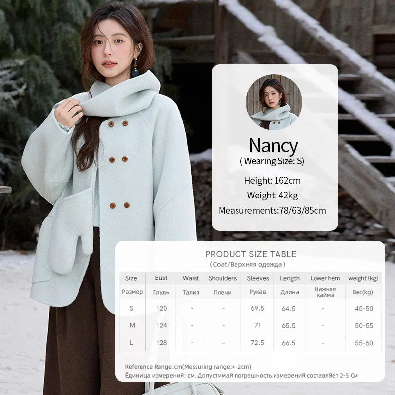 Mishow 100% Wool Mint Green Double-Faced Coat with Scarf & Gloves MXE92W1014