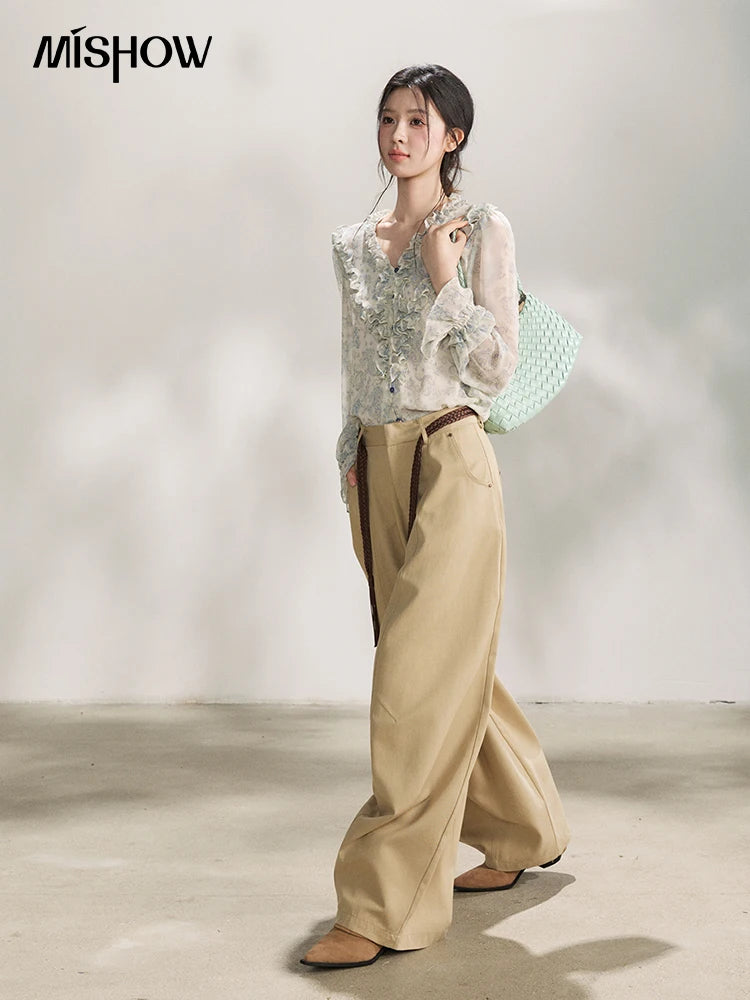 MISHOW Khaki Wide Leg Pants High Waist Belted Rear Pocket MXF13K1237