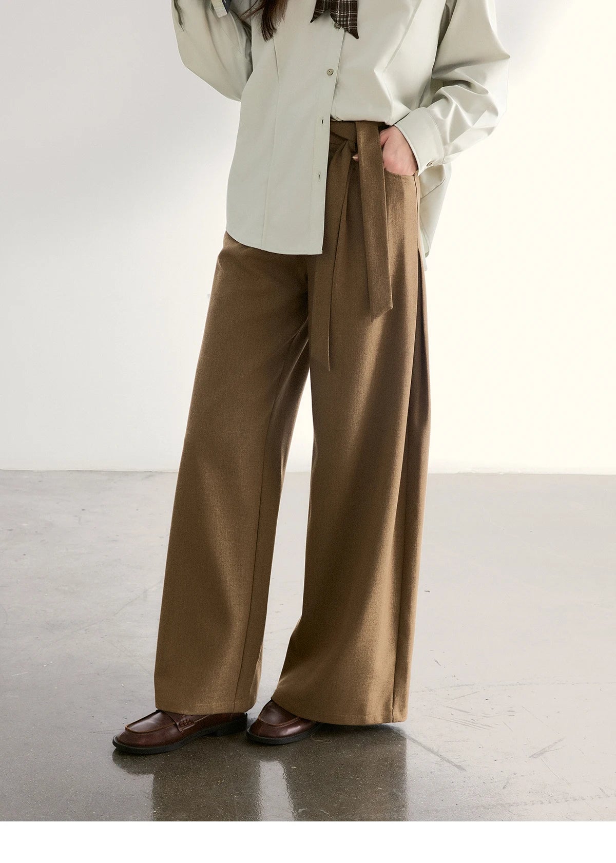 MISHOW Brown Wide Leg Pants Strap Design High Waist Elastic MXF11K1134