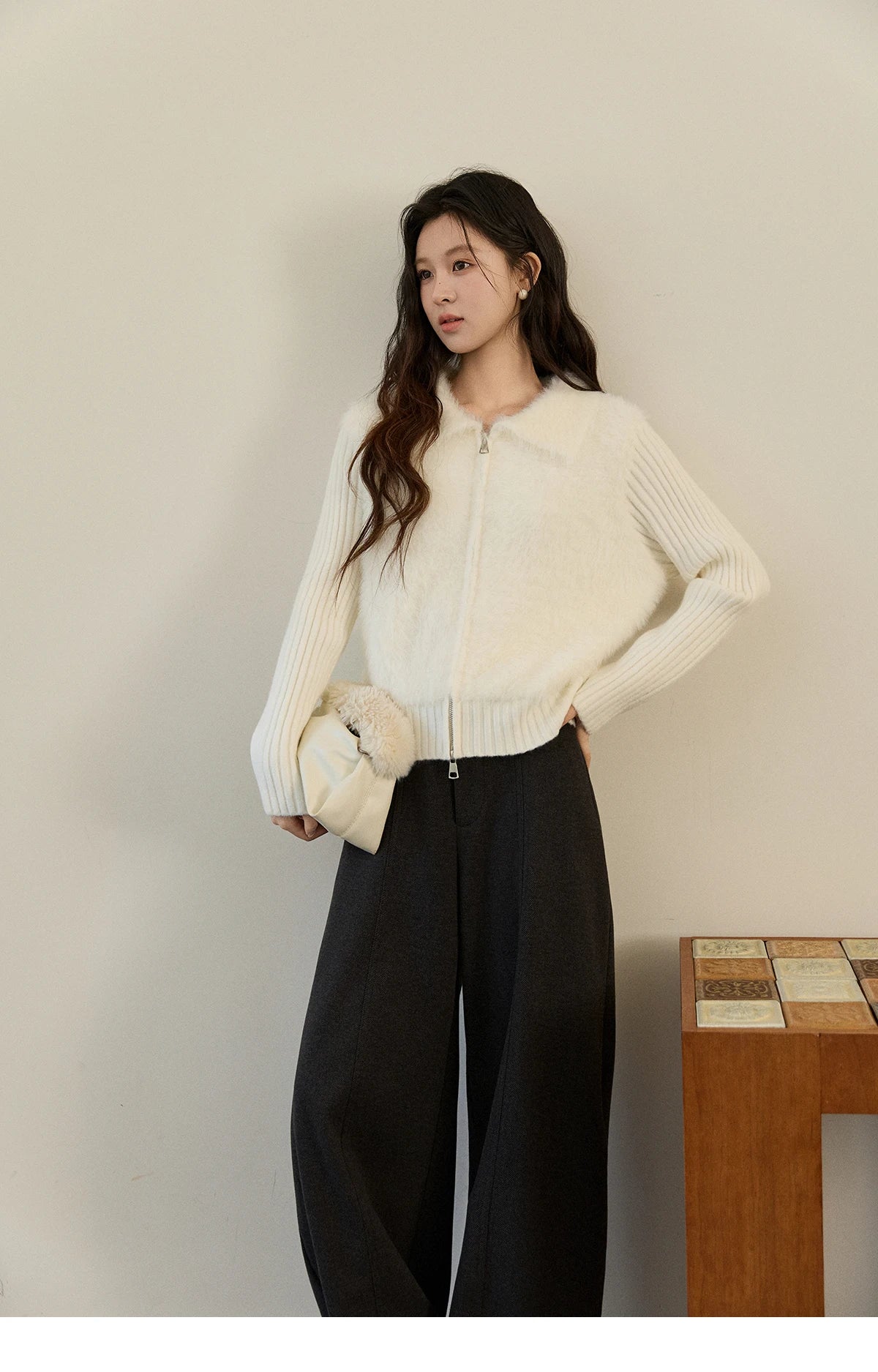 Mishow White Faux Fur Fake Two-Piece Zipper Cardigan MXE94Z2992