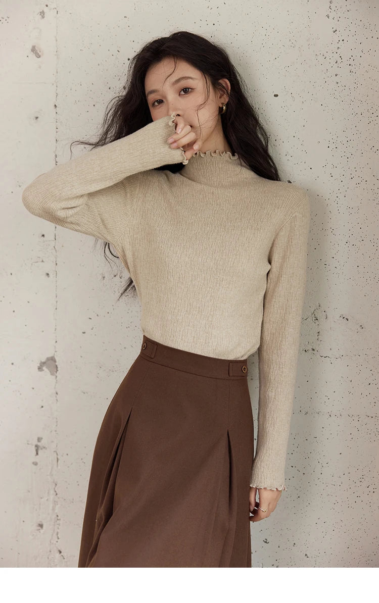 Mishow Ruffled Edge High Collar Slim Knit Top MXD48Z0850